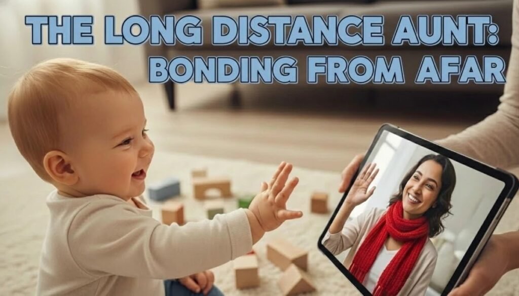 Mother Holding A Tablet Showing A Long Distance Aunt Wearing A Red Scarf Video Calling Her Baby Niece Or Nephew.